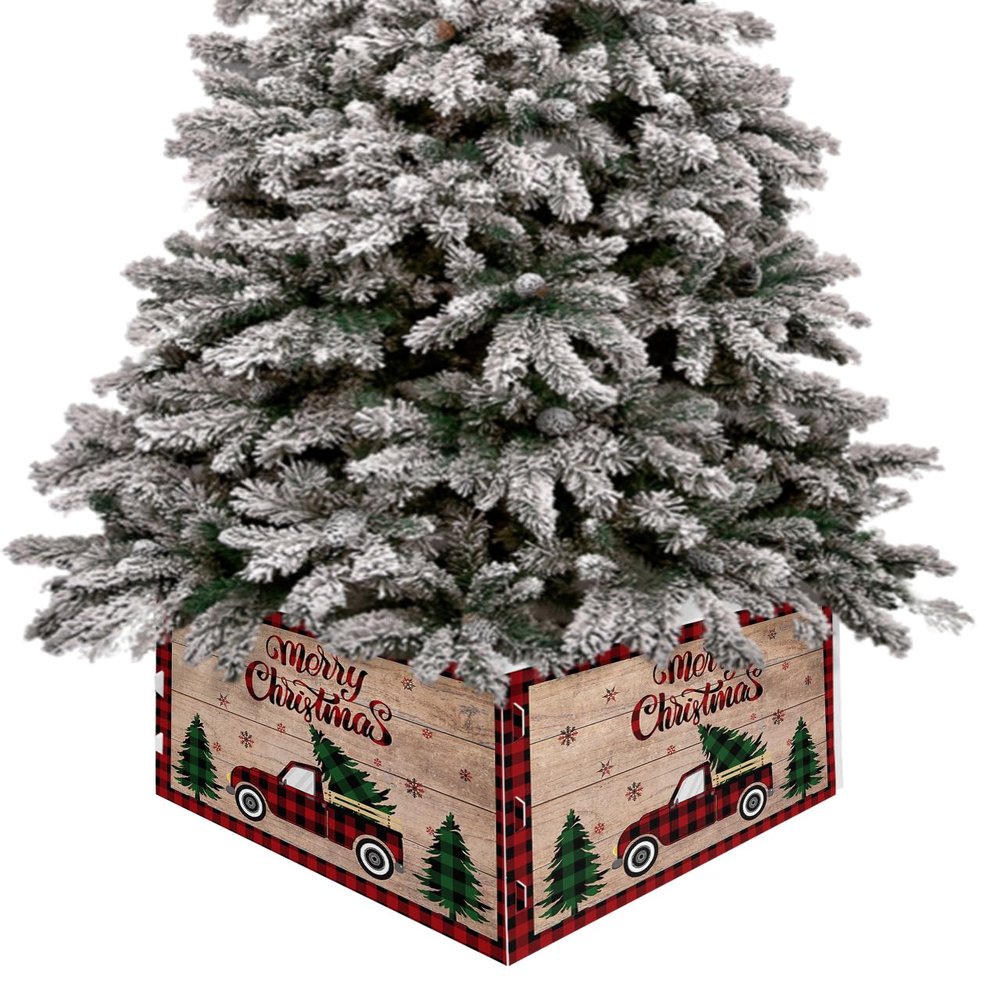 Christmas Tree Collar 4PCS-17"x10", Christmas Tree Ring Merry Christmas Red and Black Buffalo Plaid Truck Tree Christmas Tree Stands Skirts Base Covers for Xmas Holiday Home Decor