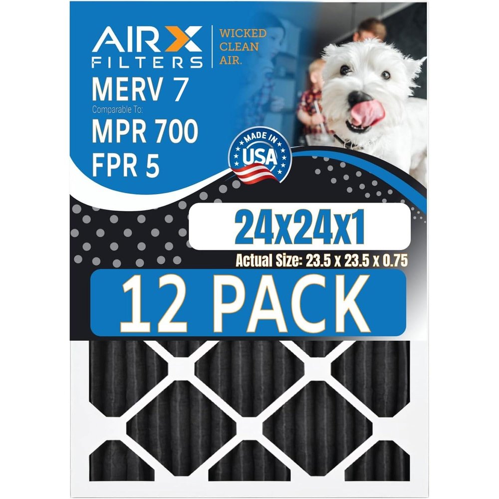24x24x1 Air Filter MERV 7 Rating, 12 Pack of Furnace Filters Comparable to MPR 700, FPR 5, Pet Odor Retention Filters - Made in USA by AIRX FILTERS WICKED CLEAN AIR.