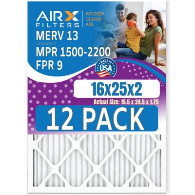16x25x2 Air Filter MERV 13 Rating, 12 Pack of Furnace Filters Comparable to MPR 1500-2200 & FPR 9 - Made in USA by AIRX FILTERS WICKED CLEAN AIR.