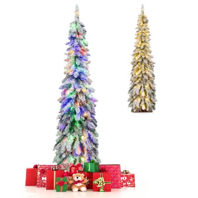 GOFLAME 5 FT Pre-Lit Artificial Christmas Tree, Snow Flocked Slim Pencil Christmas Tree with Multi-Color & Warm-White LED Lights, 11 Lighting Modes, 334 Branch Tips, Xmas Holiday Decoration Tree