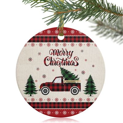 2024 Christmas Ornament Xmas Tree Hanging Accessories,Xmas Plaid Truck Christmas Tree Round Ceramic Ornaments for Holiday Party Home Decor,Winter Snowf Farmhouse Buffalo Plaid