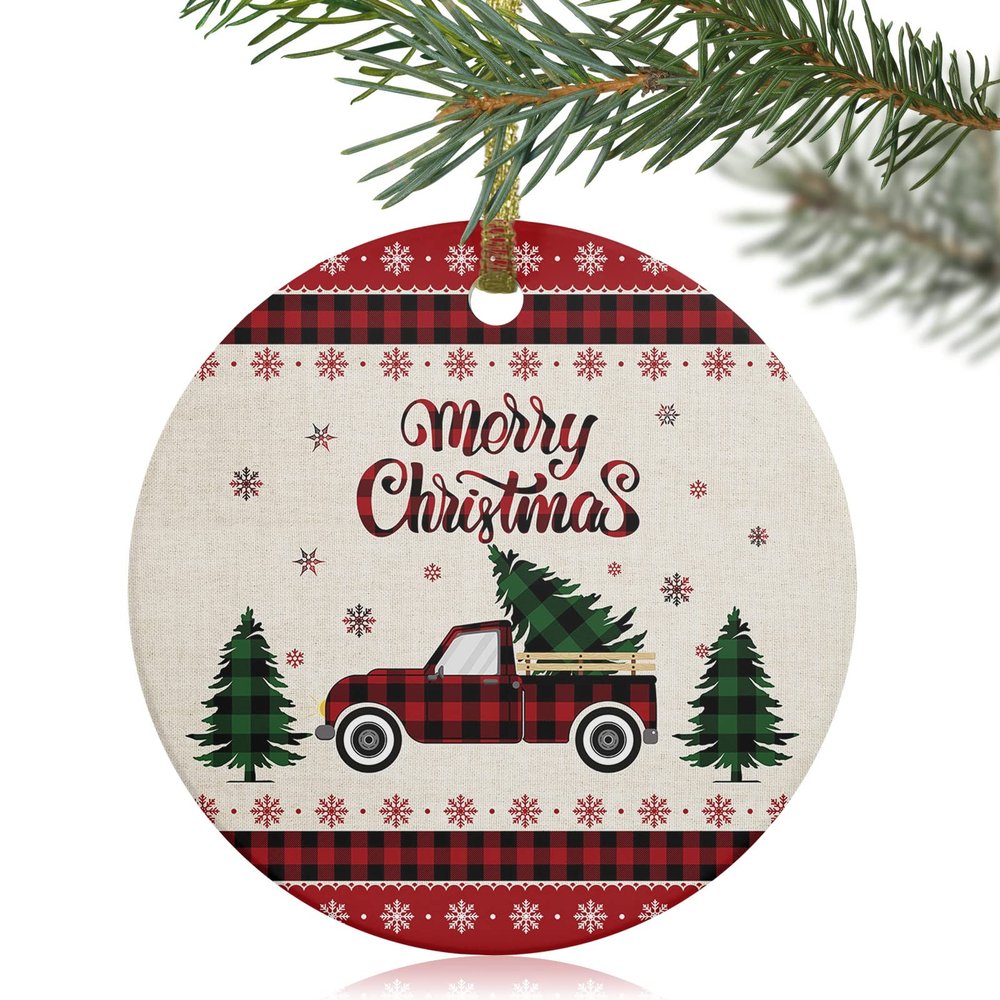 2024 Christmas Ornament Xmas Tree Hanging Accessories,Xmas Plaid Truck Christmas Tree Round Ceramic Ornaments for Holiday Party Home Decor,Winter Snowf Farmhouse Buffalo Plaid