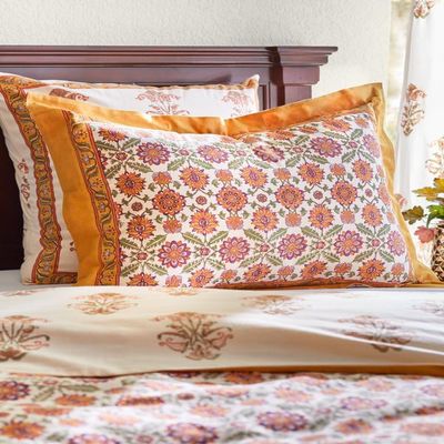 Saffron Marigold Pillow Floral Orange Blossom, Quality Cotton, Fair Trade, Boho Bedding, Farmhouse Kitchen Style, Vintage Floral Design, 37 x 21 in