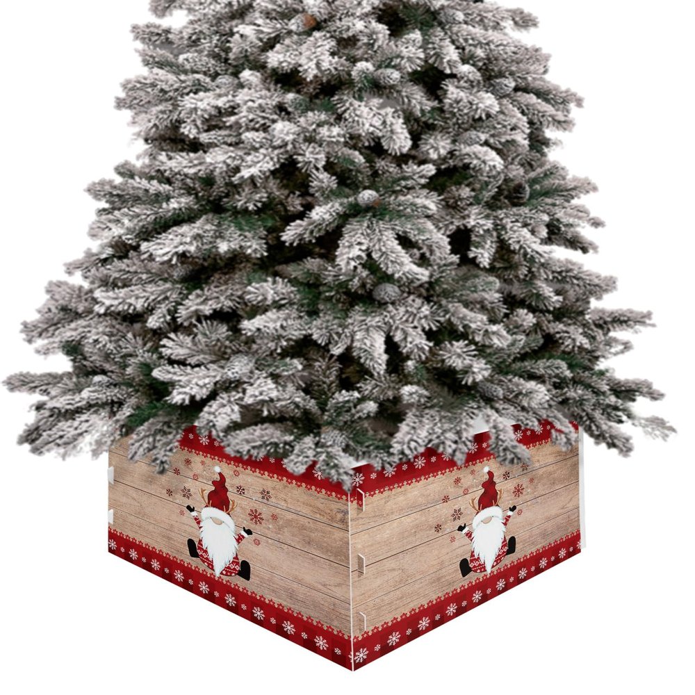 Christmas Tree Collar 4PCS-17"x10", Christmas Tree Ring Merry Christmas Gnome Xmas Elf on Rustic Wood Grain Christmas Tree Stands Skirts Base Covers for Xmas Holiday Home Decor