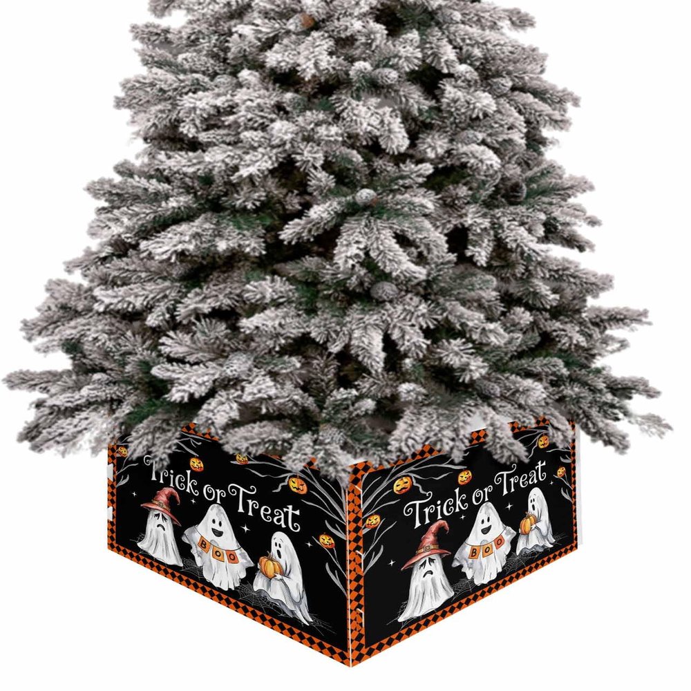 Christmas Tree Collar 4PCS-17"x10", Christmas Tree Ring Trick Or Treat Halloween Ghost Pumpkin Orange Black Plaid Christmas Tree Stands Skirts Base Covers for Xmas Holiday Home Decor