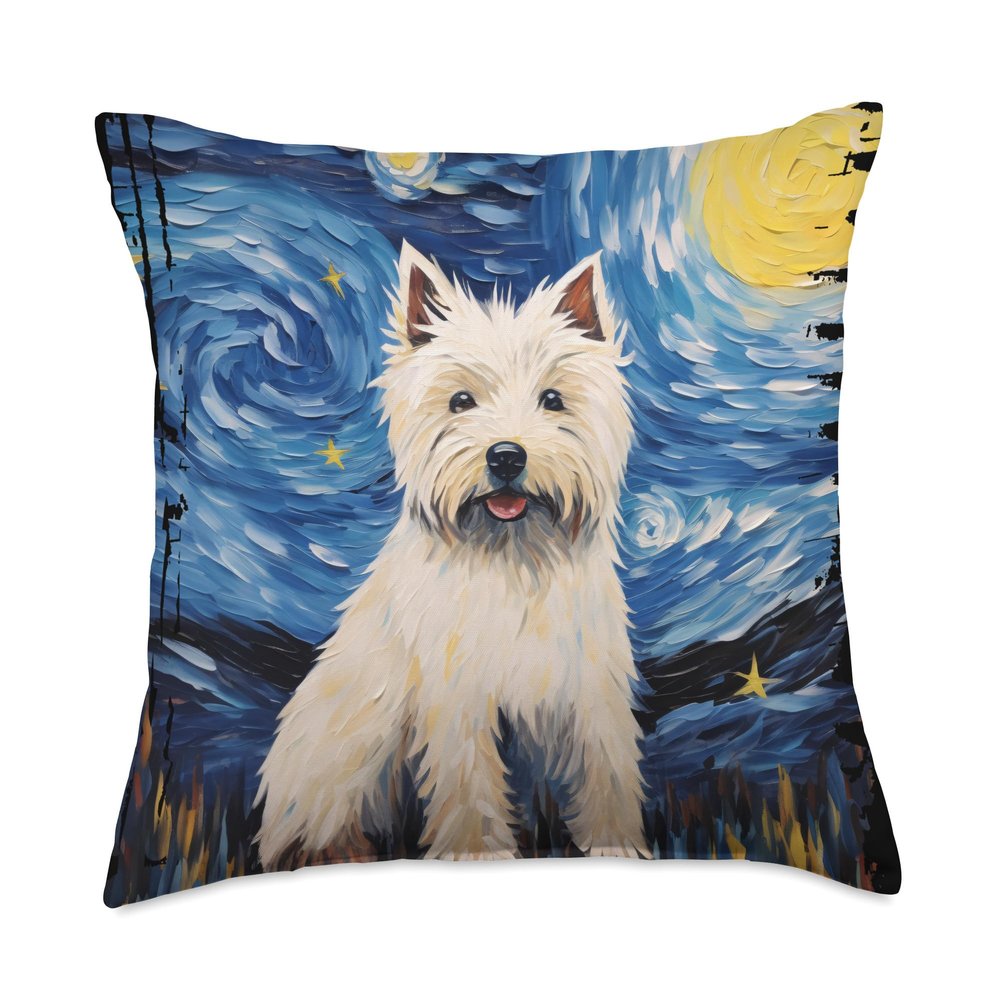 Happy West Highland White Terrier Westie Love West Highland White Terrier Westie Dog Starry Night Painting Throw Pillow, 18x18, Multicolor