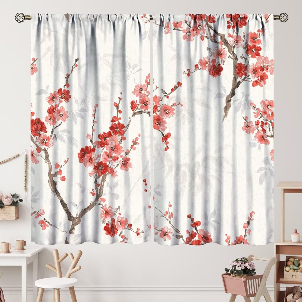 ZhiRain Cherry Blossom Curtains Flower Floral Curtains Japanese Asian Curtain with Rod Pocket for Bedroom Living Room Decor Drapes Thermal Insulated Window Treatments 2 Panels Set 84x84in