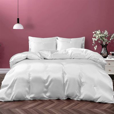 Kanak Bedding Satin 3 Piece Silk Like Duvet Cover Set,Ultra Soft and Breathable Bedding Set with 1pc Duvet Cover Zipper Closure & 2Pillow Cover.(White,King)