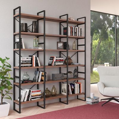 Antique Walnut Color Triple Wide 6 Tiers Bookshelves 71 * 12.6 * 85 Inches Black Brown Industrial Modern Contemporary MDF Metal Finish Includes Hardware