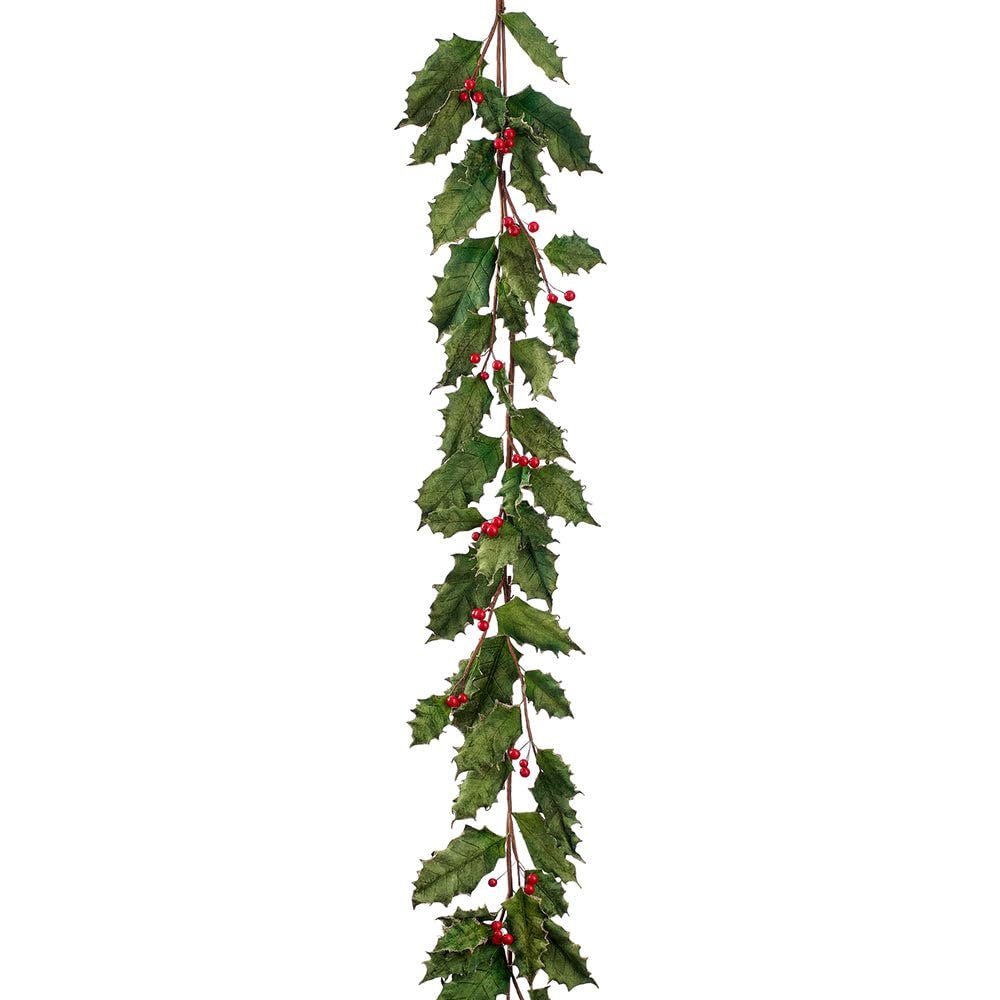 SilksAreForever 6' Velvet Holly Leaf & Berry Artificial Garland -Green/Red (Pack of 6)