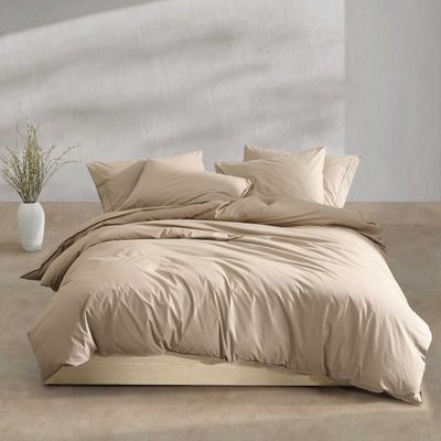 Calvin Klein - Queen Duvet Cover Set, 100% Crisp & Cool Cotton Percale Bedding, Corner Ties & Button Closure, 3 Piece Bed Set with Matching Pillowcases (Modern Cotton Washed Percale Camel Brown)