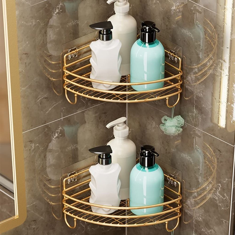 BAHELS Corner Shower Caddy Light Luxury Bathroom Triangle Rack, Shower Room Shower Gel Corner Rack, Wall-mounted Bathroom Organizer Shower Organizer (Size : Double Layer With Hook)