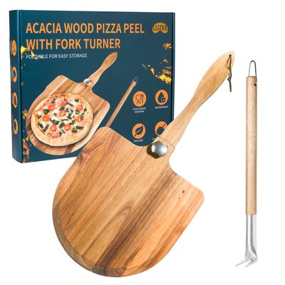Acacia Wood Pizza Peel & Wooden Paddle Set  Folding Handle Pizza Board with 18 Turning Fork, Pizza Oven Tools & Accessories for Homemade Pizza, Bread & Baking, Gifts for Pizza Lovers