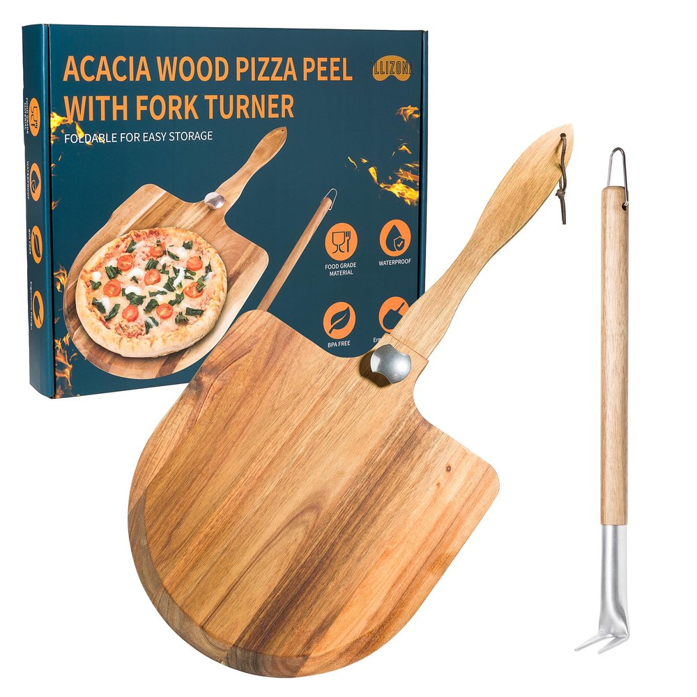 Acacia Wood Pizza Peel & Wooden Paddle Set Folding Handle Pizza Board with 18 Turning Fork, Pizza Oven Tools & Accessories for Homemade Pizza, Bread & Baking, Gifts for Pizza Lovers