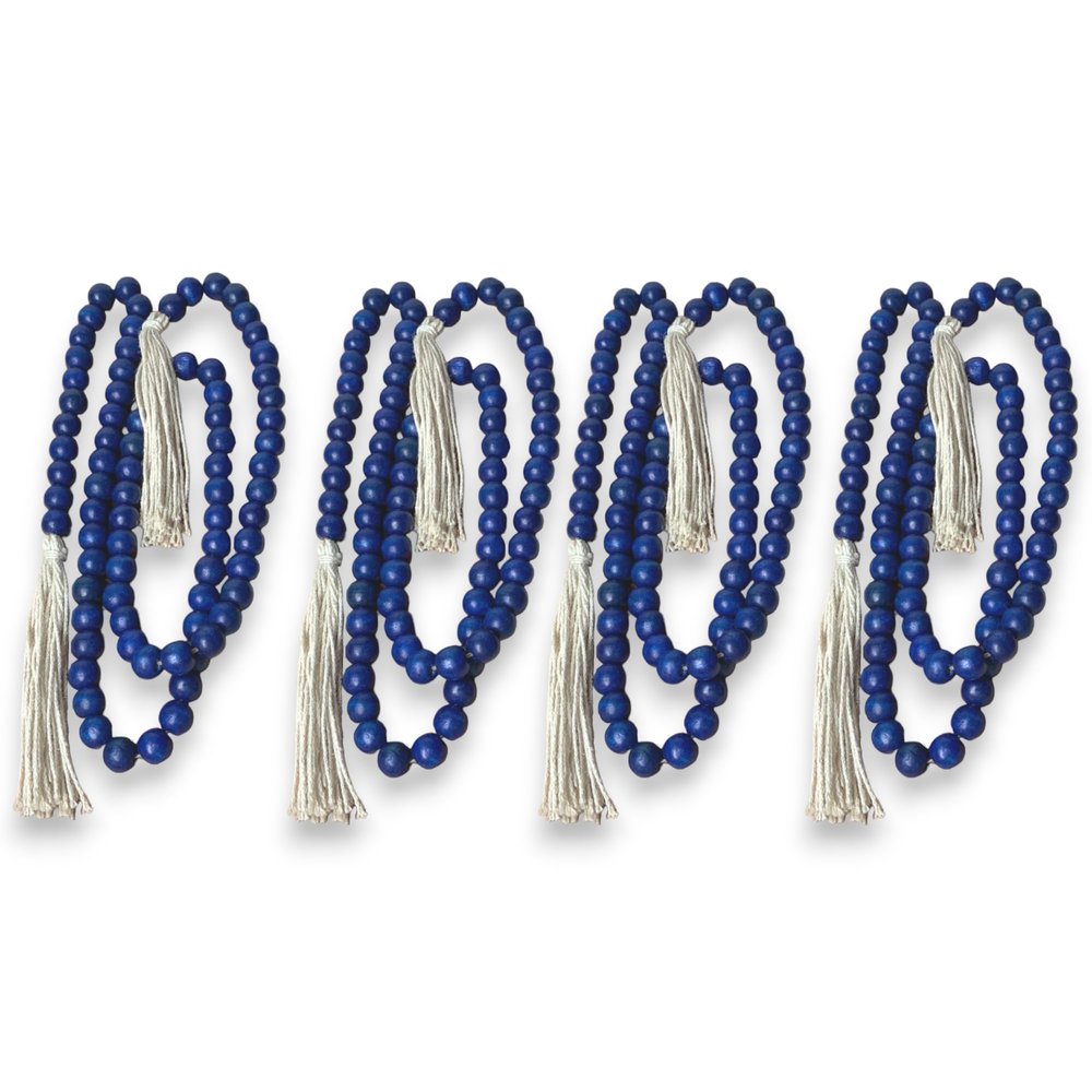 90" Wooden Bead Garland with Jute Tassels - Boho Wedding Garland, Rustic Boho Home Decor, Coffee Table, Mantle Decorations, Farmhouse Decor, Boho Decor (4, Caribbean Blue Round)