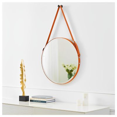 BZCKBZ 19.7in, 23.6in, 27.6in, 31.5in Round Mirror, Solid Wood Bathroom Mirror with Leather Hanging Strap(Orange,80cm/31.5in)