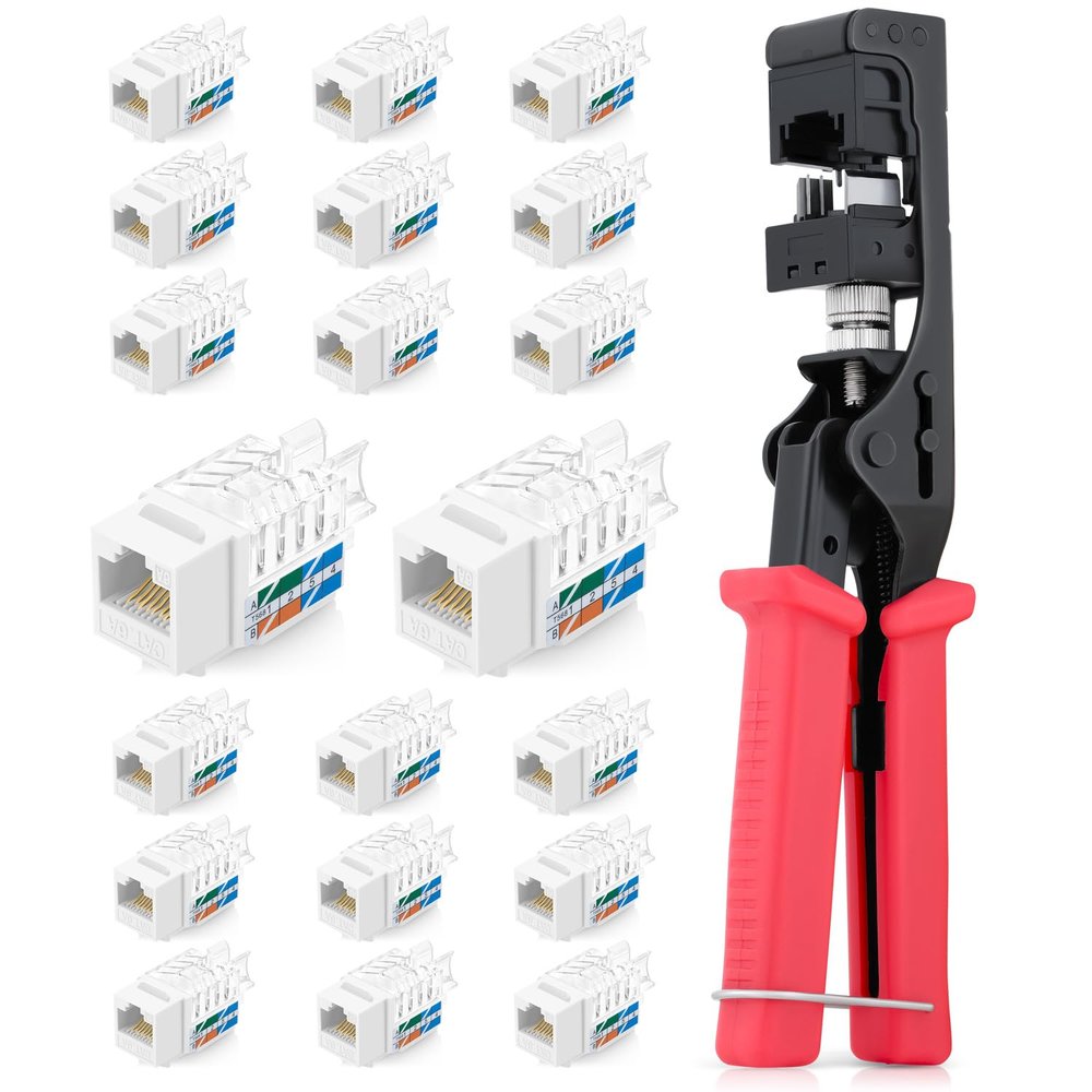 Everest easyJACK - 45 Angled Speed Termination Keystone Tool Set - with 20-Pack of RJ45 Cat6A Keystone Jacks in White (Slim Profile Design) - Time Saver Network Punch Down Tool Cat6A