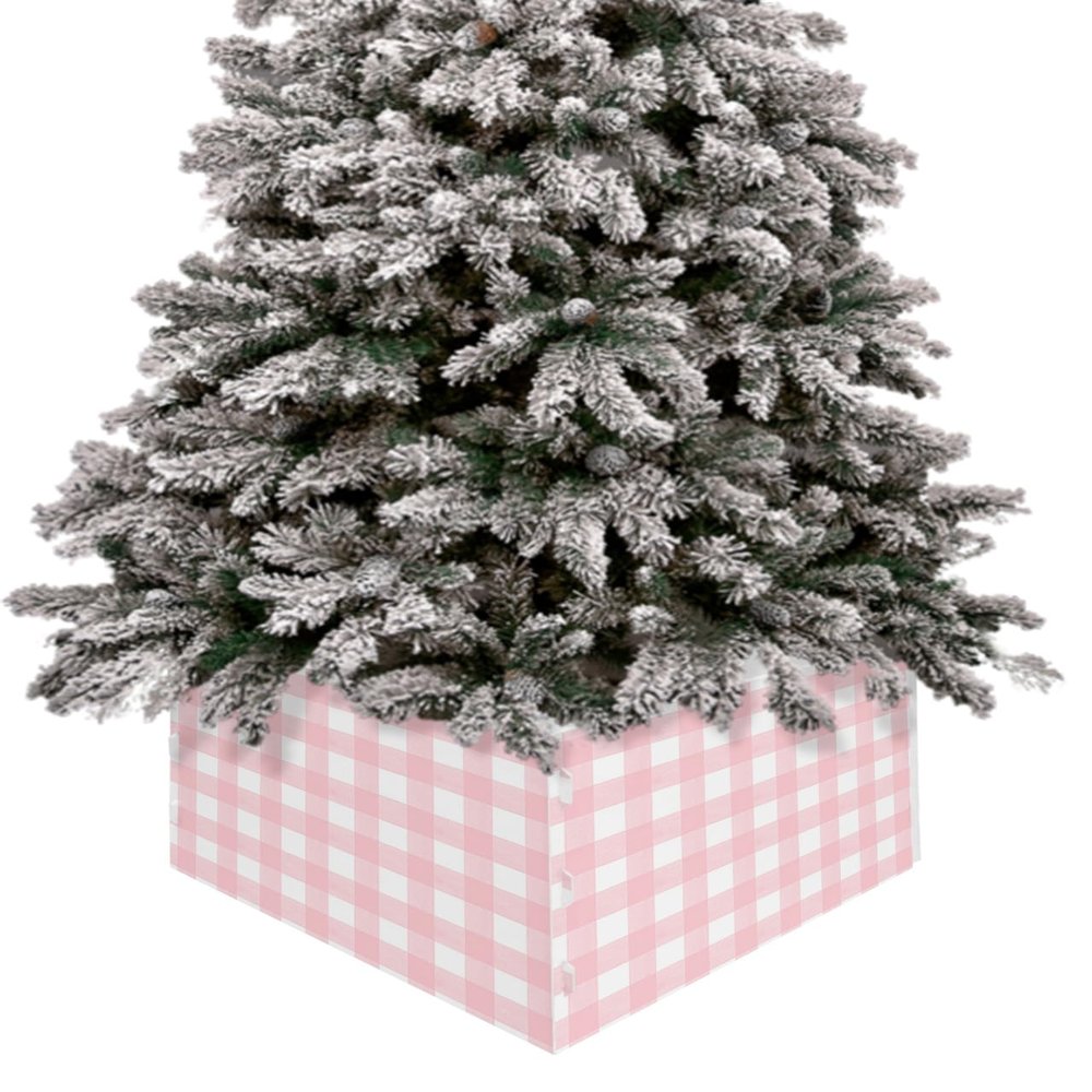 Christmas Tree Collar, Pink Buffalo Plaid Tree Collars Foldable Christmas Tree Ring, Farmhouse Pink White Checkered Tree Skirt Xmas Tree Stand for Christmas Decorations & Gifts 4Pcs-17"x10"