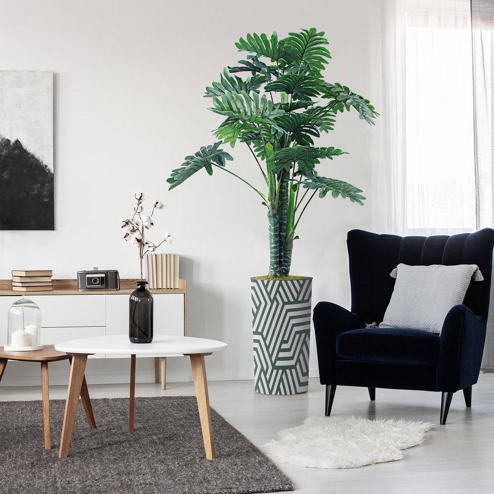 Artificial Tree in Geometric Pattern Planter, Fake Philodendron Tree Silk Tree for Indoor and Outdoor Home Decoration - 70" Overall Tall (Plant Pot Plus Tree)