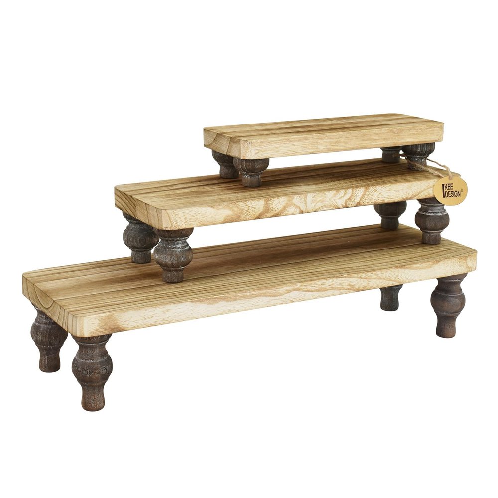Ikee Design 3 Pcs Set Wooden Display Riser Stand, Wooden Cupcake Dessert Display Riser Stand for Jewelry, Monitor, Stackable and Portable, Oak Color