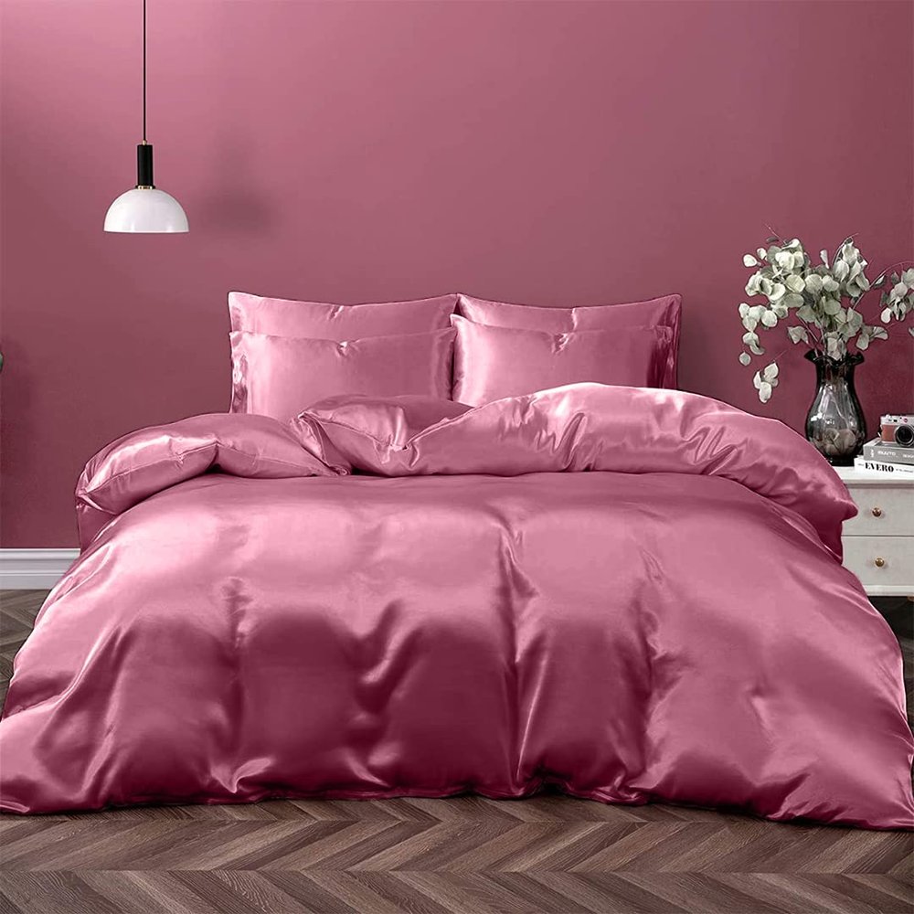 Kanak Bedding Satin 5 Piece Silk Like Duvet Cover Set,Ultra Soft and Breathable Bedding Set with 1pc Duvet Cover Zipper Closure & 4Pillow Cover.(Rose Pink,Queen)
