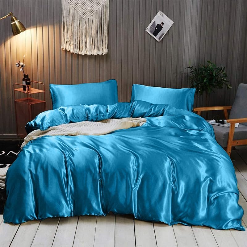 Kanak Bedding Satin 5 Piece Silk Like Duvet Cover Set,Ultra Soft and Breathable Bedding Set with 1pc Duvet Cover Zipper Closure & 4Pillow Cover.(TurqBlue,Full XL)