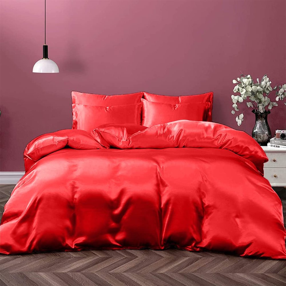 Kanak Bedding Satin 5 Piece Silk Like Duvet Cover Set,Ultra Soft and Breathable Bedding Set with 1pc Duvet Cover Zipper Closure & 4Pillow Cover.(Blood Red,Twin)