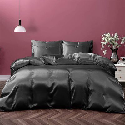 Kanak Bedding Satin 5 Piece Silk Like Duvet Cover Set,Ultra Soft and Breathable Bedding Set with 1pc Duvet Cover Zipper Closure & 4Pillow Cover.(Dark Grey,Full XL)