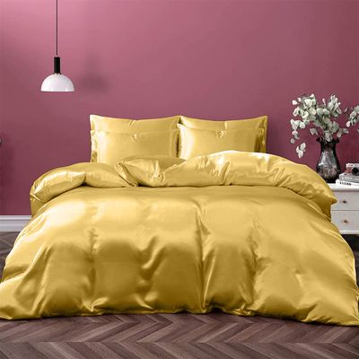 Kanak Bedding Satin 5 Piece Silk Like Duvet Cover Set,Ultra Soft and Breathable Bedding Set with 1pc Duvet Cover Zipper Closure & 4Pillow Cover.(Gold,Twin)