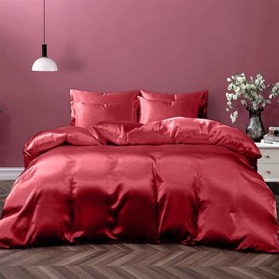 Kanak Bedding Satin 5 Piece Silk Like Duvet Cover Set,Ultra Soft and Breathable Bedding Set with 1pc Duvet Cover Zipper Closure & 4Pillow Cover.(Burgundy,Short Queen)