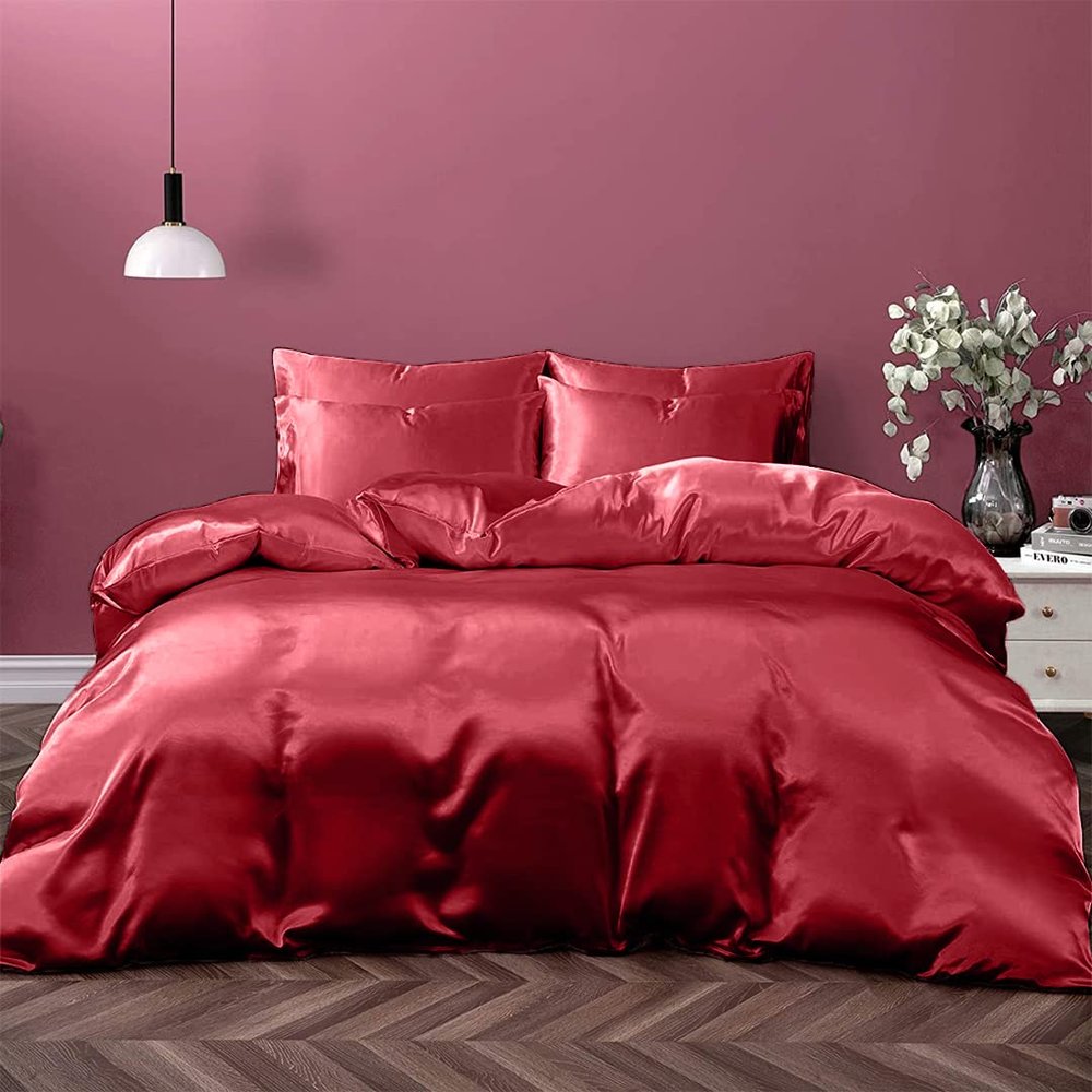 Kanak Bedding Satin 5 Piece Silk Like Duvet Cover Set,Ultra Soft and Breathable Bedding Set with 1pc Duvet Cover Zipper Closure & 4Pillow Cover.(Burgundy,Short Queen)