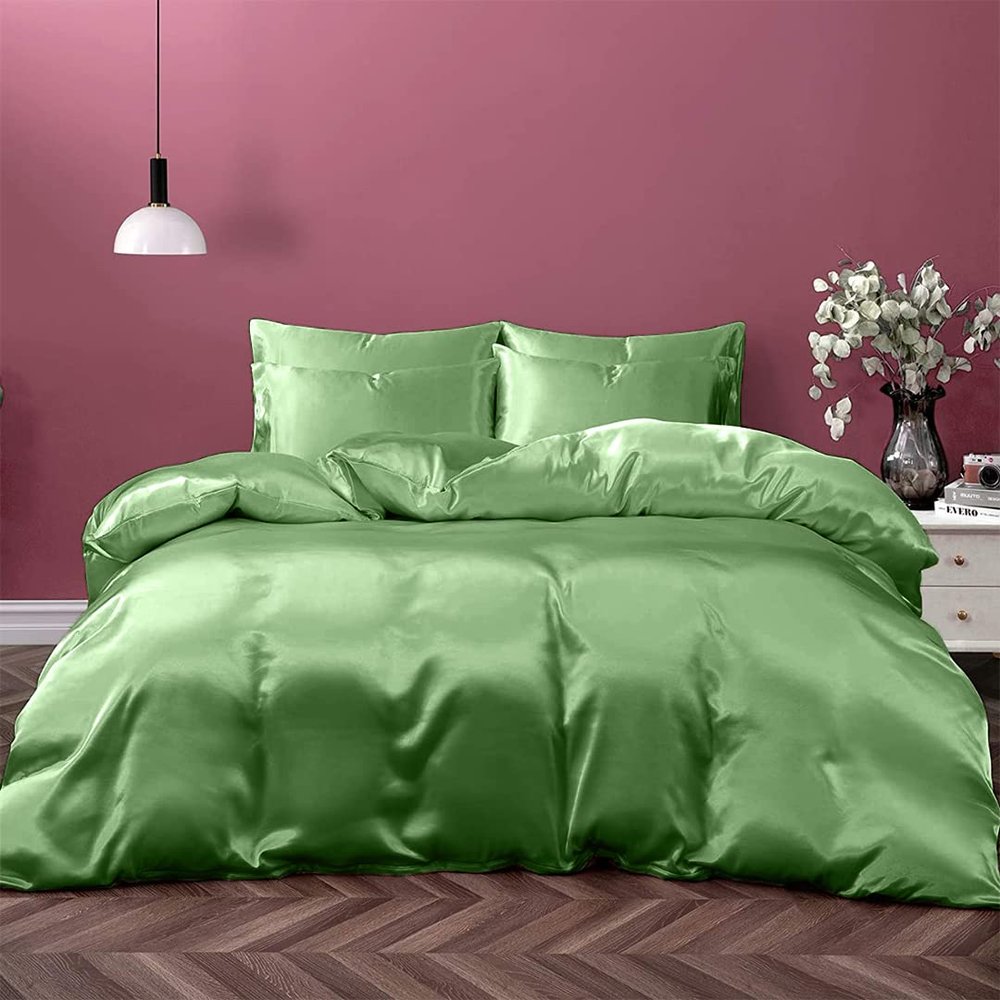 Kanak Bedding Satin 5 Piece Silk Like Duvet Cover Set,Ultra Soft and Breathable Bedding Set with 1pc Duvet Cover Zipper Closure & 4Pillow Cover.(Olive,Full)