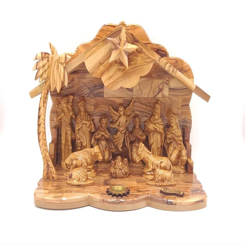 Nativity Musical Christmas 13 inch cave Jesus Birth Olive Wood Bethlehem Carved