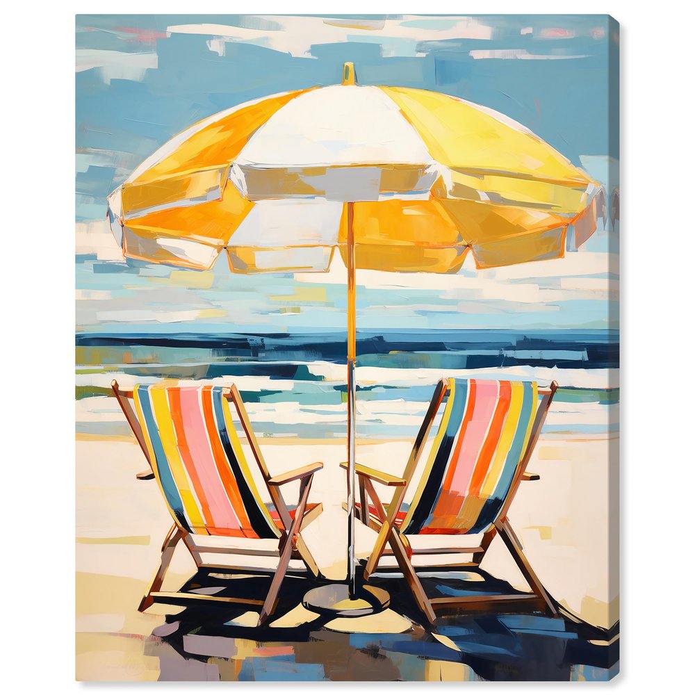 Wynwood Studio Nautical and Coastal Contemporary Wrapped Canvas Art - Beach for Two, Wall Art for Living Room, Bedroom, and Bathroom, 20" x 24", Yellow and Blue Home Decor