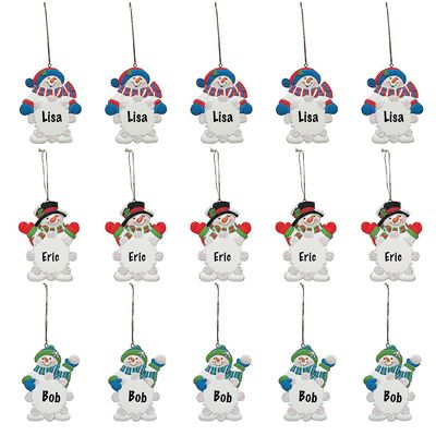 Write-A-Name Snowman Wearing Hat & Scarf Snowflake Resin Christmas Ornaments Bulk 48 Pc
