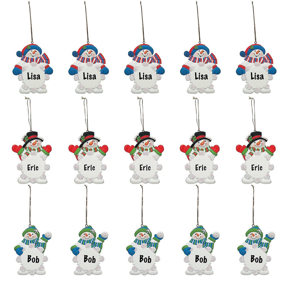 Write-A-Name Snowman Wearing Hat & Scarf Snowflake Resin Christmas Ornaments Bulk 48 Pc