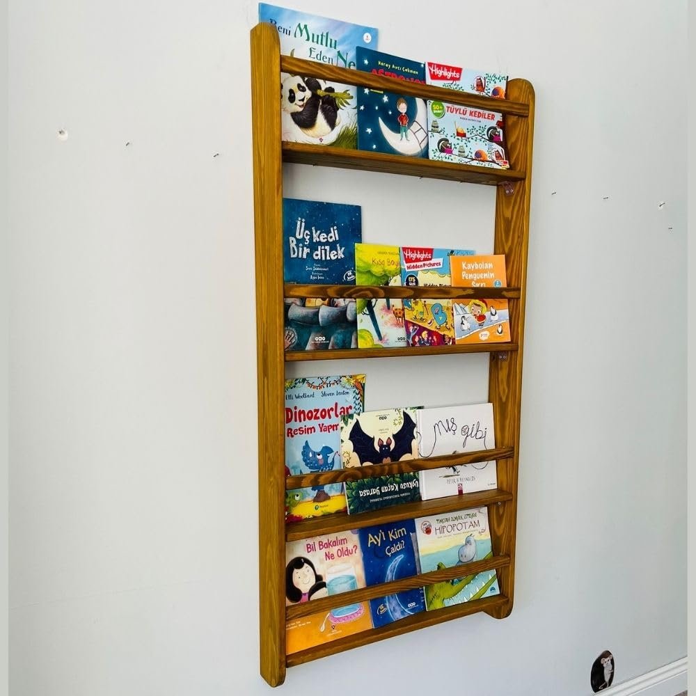 Handmade Solidwood Wall Mounted Montessori Kids Bookshelf, Solid Pine 4 Tier Book Display for Children Bedroom, Nursery Furniture Bookcase, Pine Tree Book Organiser for Living Room (Chestnut)