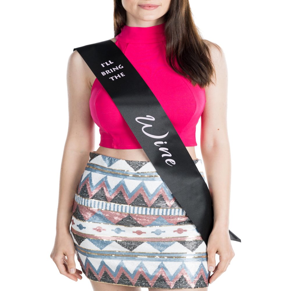 Funky Junque Bridal Sash Bachelorette Party Bridal Shower Gift - I'll Bring The - Wine (Black/Light Pink)