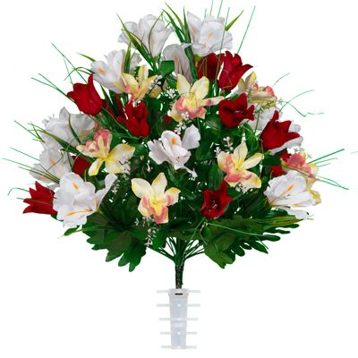 Sympathy Silks Artificial Cemetery Flowers - Grave Decoration - Red Tulips and White Iris (1) Bouquet