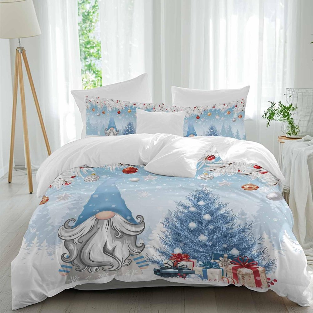 Pine Branch Bed Duvet Cover Queen Size, Washed Patterned Textured Duvet Cover Sets with Zipper & Tiers, Microfiber Soft Comforter Thick Luxury Quilt Cover Christmas Gnomes Balls Silver Blue