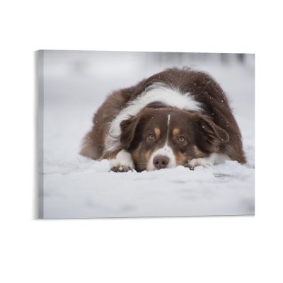 11"x14" Canvas Wall Art, Australian Shepherd Dog in Snow Picture Prints, Rustic Modern Wall Decor Artwork, Farmhouse Kitchen Canvas Painting, Ready to Hang, Home Office Decor Art Print