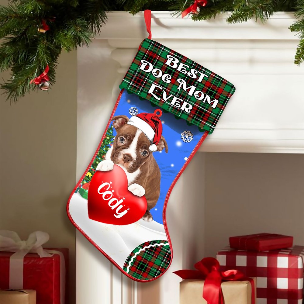 Lovely POD Personalized Boston Terrier 3 Dog Stockings Christmas, Custom Best Dog Mom Ever Christmas Stocking with Name, Christmas Stockings for Pet Lover, Funny Gifts for Dog Mom Dog Dad