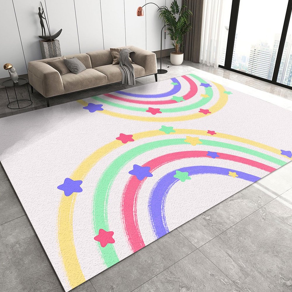 Nordic Simple Rainbow Kids Art Area Rug, Boho Cartoon Colorful Dots Rectangle Rug, Washable Foldable Non-Slip Breathable Carpet Mat for Girls Room Nursery Bedroom Living Room Entryway-6x9ft
