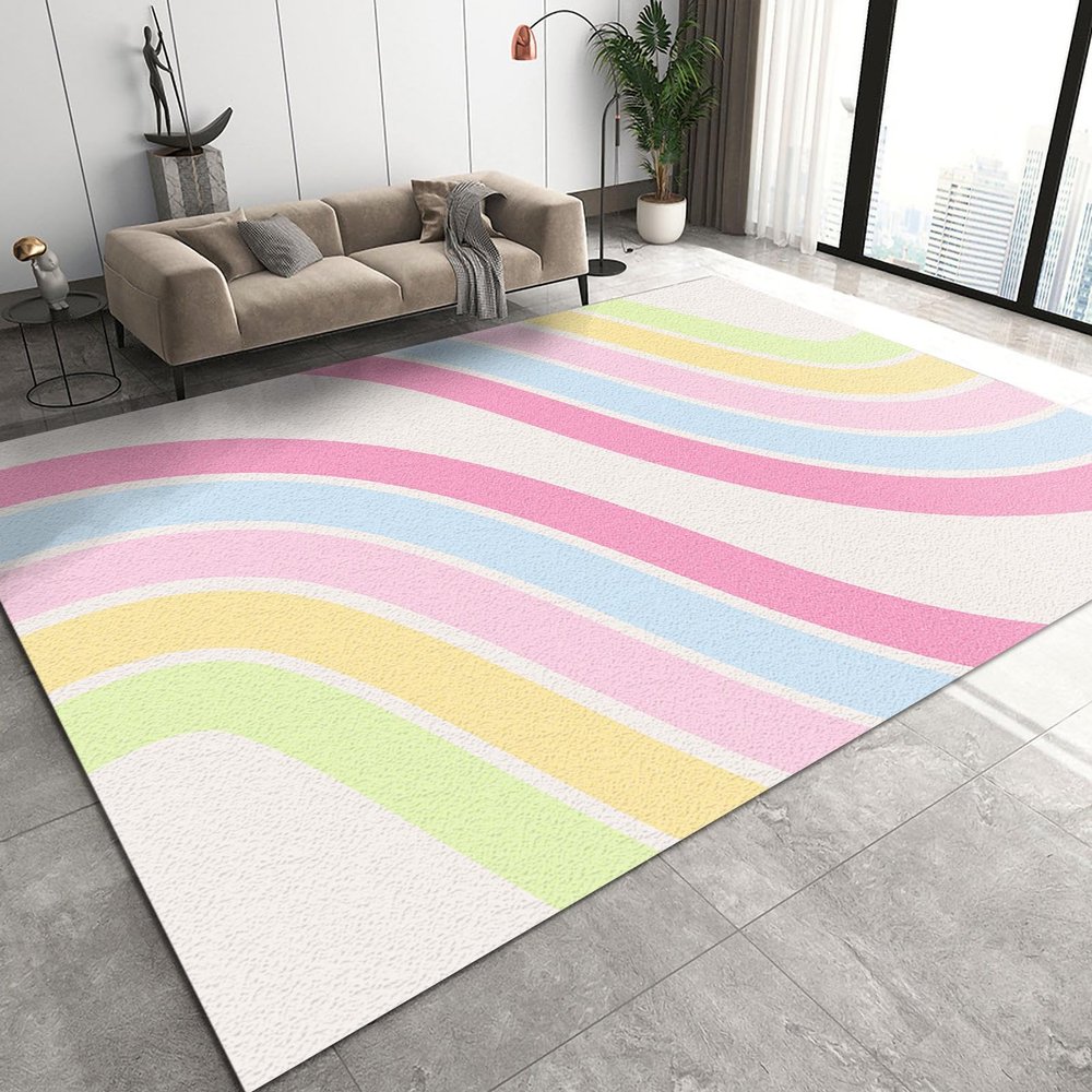 MIORON Nordic Cartoon Cute Rainbow Art Kids Rectangle Rugs, Modern Mid-Century Boho Area Rug, Washable Foldable Non-Slip Home Decor Mat for Nursery Bedroom Living Room Entryway-6x9ft