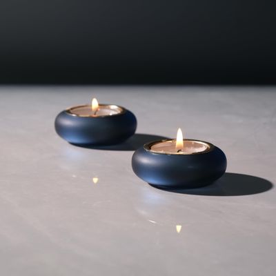 ICNBUYS Handmade Decorative Pebble Tealight Candle Holders Set of 2 - Handcrafted Home Decor Accent for Calming Earthy Aesthetic Black Blue Matte Finish Resin Diameter 2.6 inches