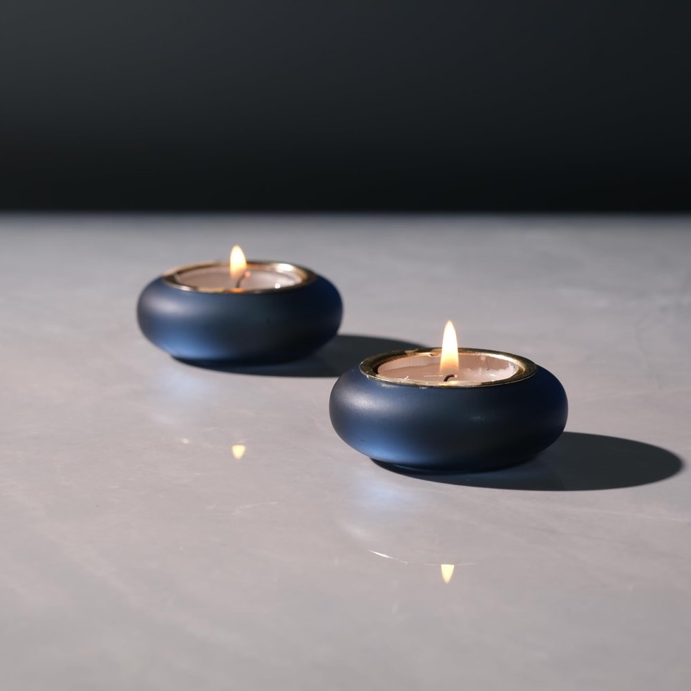 ICNBUYS Handmade Decorative Pebble Tealight Candle Holders Set of 2 - Handcrafted Home Decor Accent for Calming Earthy Aesthetic Black Blue Matte Finish Resin Diameter 2.6 inches