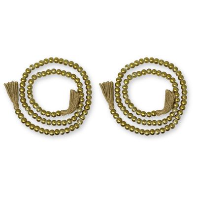 90" Wooden BOHO Wood Bead Garland with Jute Tassels - Rustic Home Decor for Fall & Christmas, Perfect for Coffee Table, Living Room - Modern Farmhouse Decor Neutral Colors (2, Gold Foil on White)