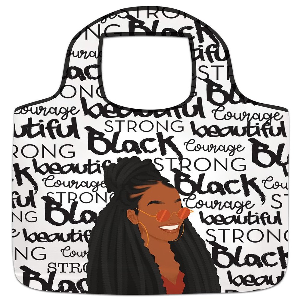 African American Expressions Black and Beautiful Reusable Foldable Nylon Grocery Bag (17W x 21.5H x 2D) with portable square pouch (4.75W x 5H) RB-11