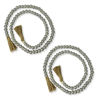 90" Wooden BOHO Wood Bead Garland with Jute Tassels - Rustic Home Decor for Fall & Christmas, Perfect for Coffee Table, Living Room - Modern Farmhouse Decor Neutral Colors (2, Silver Foil on White)