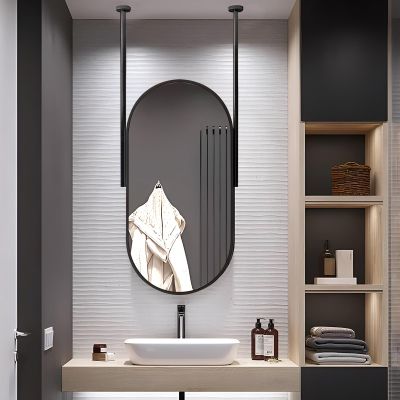 Oval Bathroom Mirror, Ceiling Mounted Mirrors Metal Frame Vanity Mirrors Make-up Shaving Mirrors with Customizable Boom for Washroom Entryway Wall Decor, Black (Size : 50cmx70cm)